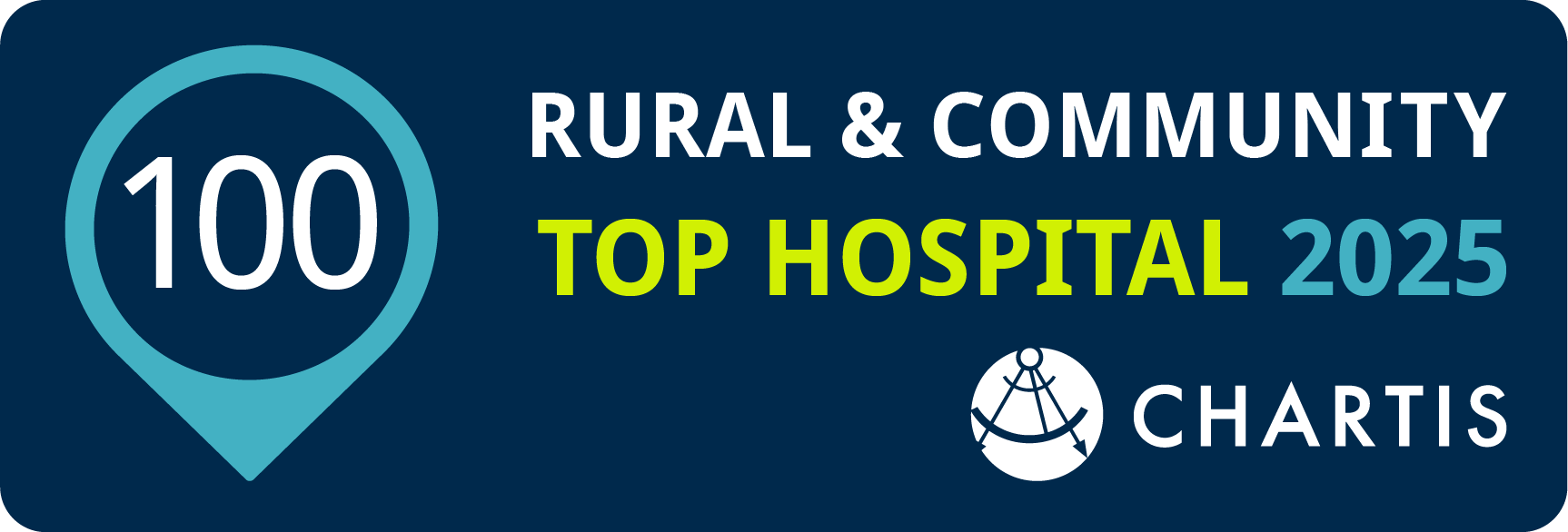 Chartis Rural & Community Top Hospital 2025 award logo, blue and green colors.