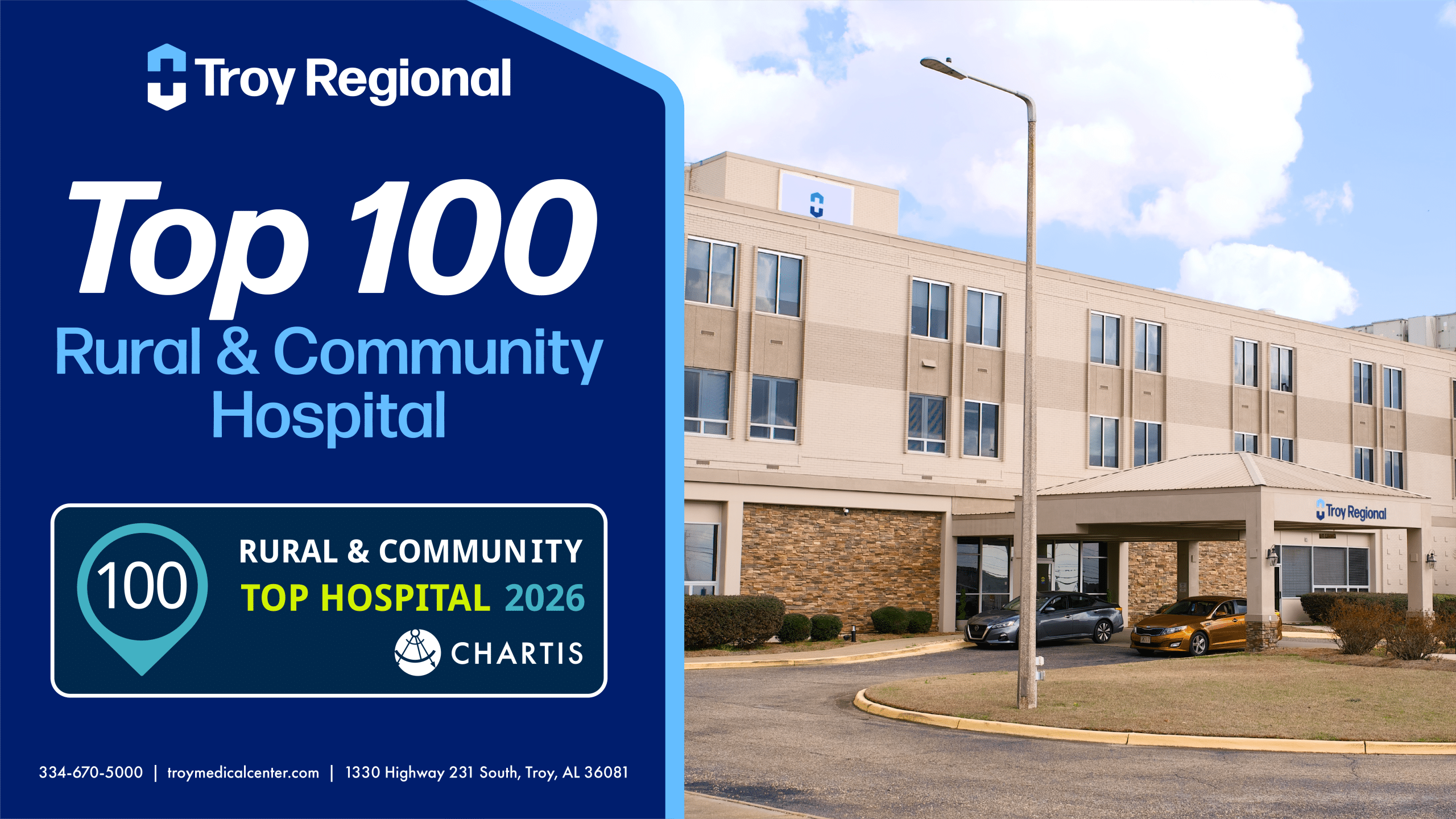 TR-Top100_2026-1920x1080 Troy Regional Hospital awarded Top 100 Rural & Community Hospital for 2026.