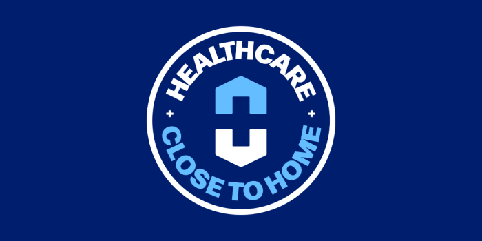 Healthcare emblem with blue C and text Close to Home on dark blue background.
