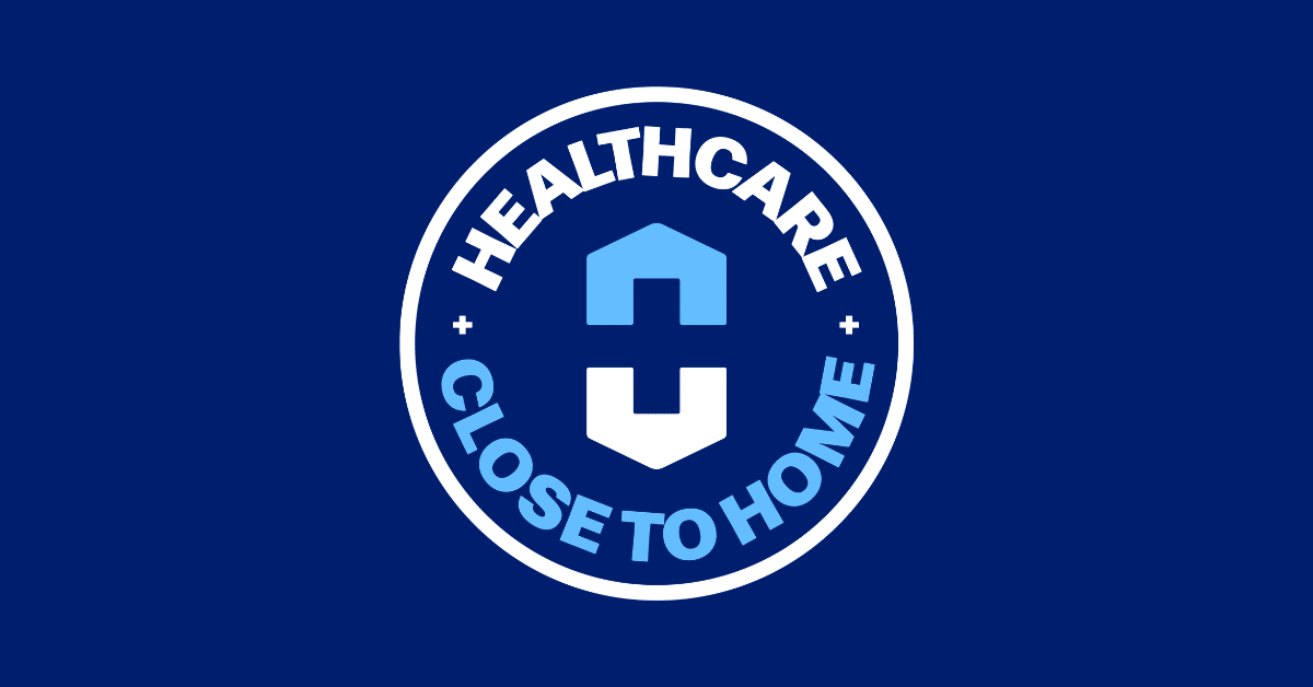 Healthcare emblem with blue C and text Close to Home on dark blue background.